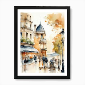 Paris city, passersby, cafes, apricot atmosphere, watercolors.8 Art Print