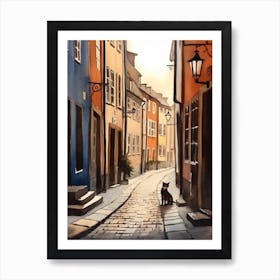 Painting Of Copenhagen Denmark With A Cat In The Style Of Watercolour 3 Art Print