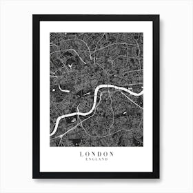 London England Minimal Black Mono Street Map  Art Print