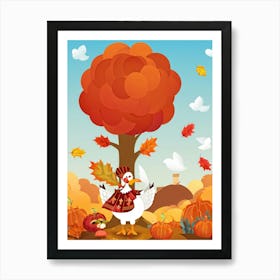 Cartoon Style Illustration Of A Cheerful Turkey Character Donning A Pilgrim Hat Amidst A Fall Harves (2) Art Print