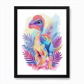 Watercolour Troodon Dinosaur In The Plants 2 Art Print