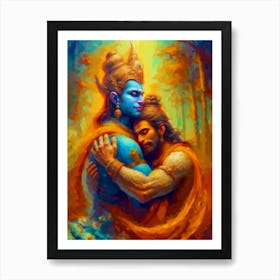 Celestial Embrace: Ram and Hanuman's Divine Reunion Art Print