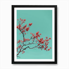 Red Cherry Blossoms Against Blue Sky Art Print