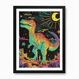 Neon Dinosaur At Night Linework Art Print