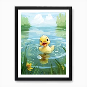 Cute Cartoon Duckling Swimming In The Pond 3 Art Print