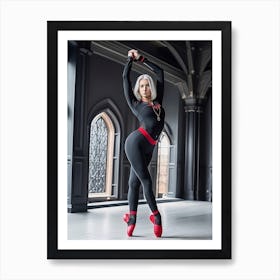 Ballerina In Black Bodysuite And Red Pointe Shoes On Spitz Art Print