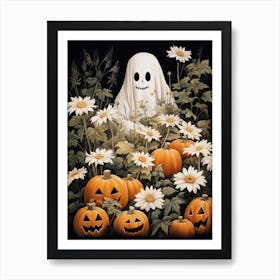 Cute Bedsheet Ghost, Botanical Halloween Watercolour 70 Art Print