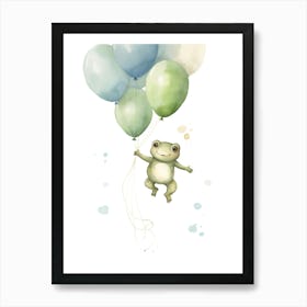 Baby Frog Flying With Ballons, Watercolour Nursery Art 1 Art Print