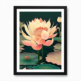 Blooming Lotus Flower In Lake Retro Illustration 1 Art Print