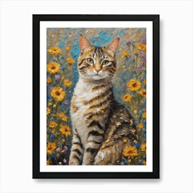 Klimt Style Tabby Cat in Garden Wild Flowers Painting - Gustav Klimt Money Waterlillies Acrylic Feature Gallery Wall HD Art Print