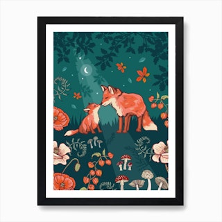 Fox And Cub In Autumn Woods Art Print
