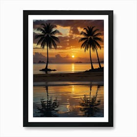 Sunset On The Beach With Palm Trees Art Print