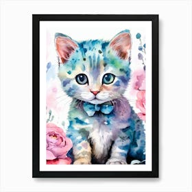 Blue Kitten With Pink Roses Art Print