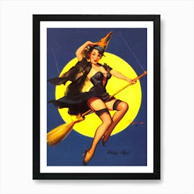 Pinup Girl Riding A Broom On The Big Yellow Moon Art Print