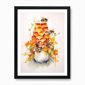 Beehive With Freesia Watercolour Illustration 2 Art Print