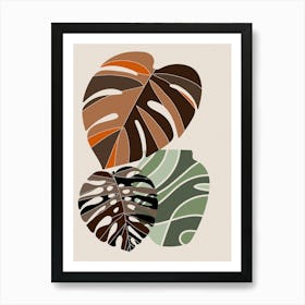 Monstera Leaves Plants Simple Minimalist Background Drawing Vase Botanical Art Print