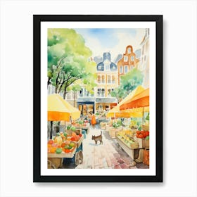 Food Market With Cats In Amsterdam 2 Watercolour Art Print