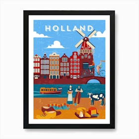 Amsterdam, Netherlands/Holland — Retro travel minimalist poster, retro travel art, retro travel wall art, vector art 1 Art Print