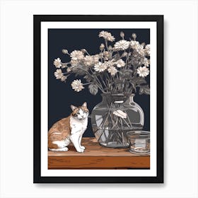 Drawing Of A Still Life Of Aster With A Cat 1 Art Print