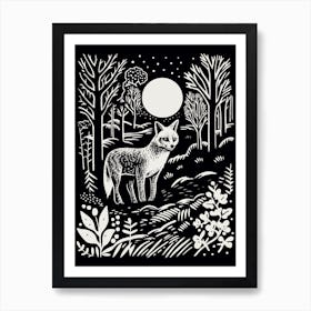 Linocut Fox Illustration Black 1 Art Print