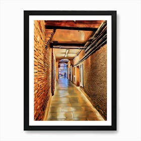 Illuminated Alleyway Gallery in Toulouse. This image depicts a narrow, illuminated alleyway with brick walls and a tiled floor in Toulouse France. The alleyway is covered by a wooden ceiling with exposed beams and fluorescent lights. At the end of the alley, a group of people can be seen standing in the distance, framed by an archway that opens to a brighter area outside Art Print