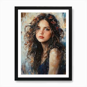 Portrait Of A Young, Dreamy Girl With Curly Brown Hair On A Mysterious Abstract Art Print