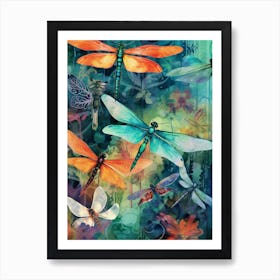 Dragonfly Collage Bright Colours 1 Art Print