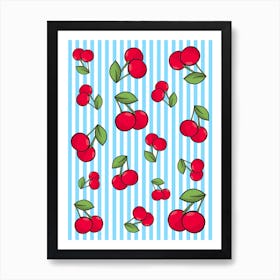 Cherry Pattern on Blue and White Stripes Art Print