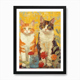 Orange And White Cats With Flowers Oil Painting Art Print