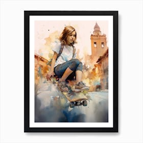 Girl Skateboarding In Cape Town, South Africa Watercolour 4 Art Print