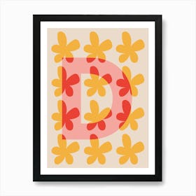 Alphabet Flower Letter D Print - Pink, Yellow, Red Art Print