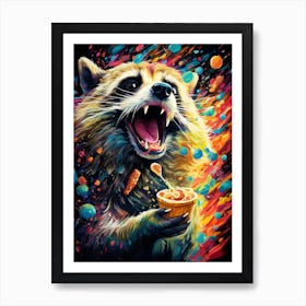 A Raccoon Eating Crisps Vibrant Paint Splash 1 Art Print