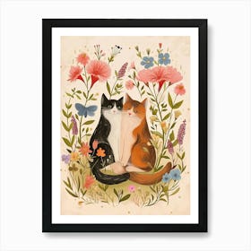 Folksy Floral Animal Drawing Cat 10 Art Print
