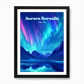 Aurora Borealis Iceland A Dancing Lights Digital Travel Illustration Art Print