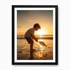 Little Boy Playing With A Fish Art Print