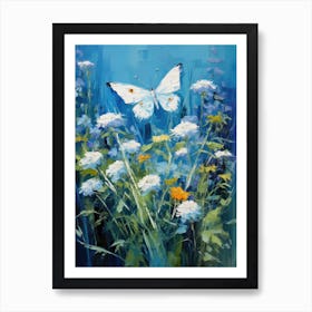 White Butterfly On Blue Flowers Art Print