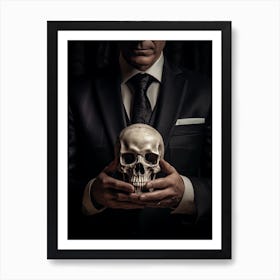 A Hand In A Suit Is Holding One Of The White Skulls Art Print