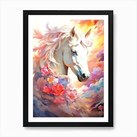 White Horse With Flowers Art Print