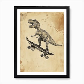 Vintage Tyrannosaurus Dinosaur On A Skateboard 1 Art Print