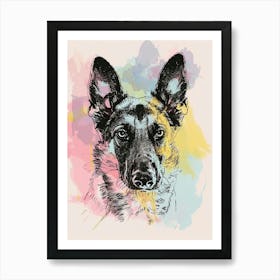 German Shepherd Dog Pastel Watercolour Line  Art Print