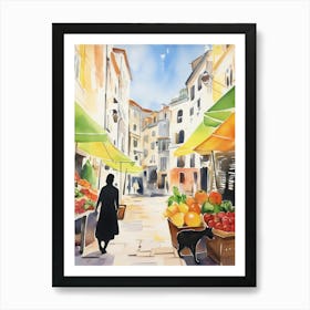 Food Market With Cats In Porto 1 Watercolour Art Print