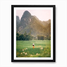 Girl In Asia In A Field Against The Backdrop Of Mountains Oil Painting Landscape Art Print