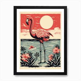 Vintage Bird Linocut Flamingo 4 Art Print