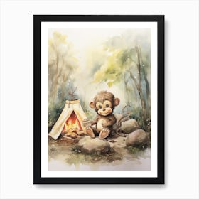 Monkey Painting Camping Watercolour 2 Art Print