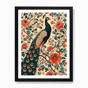 Sepia Red & Orange Floral Peacock Art Print