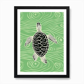 Turtle And The Waves Green Art Print