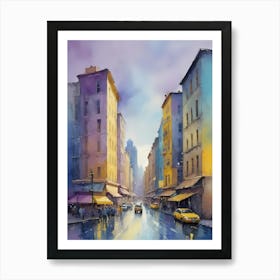 Colored Painting Of A Cityscape,Indigo And Yellow,Purple (5) Art Print