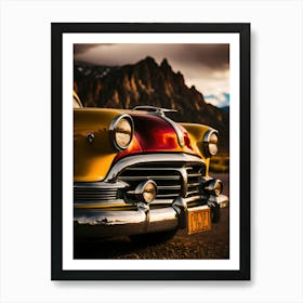 Classic Car Parked In Front Of Mountains Art Print