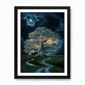 Lone Tree At Night Art Print