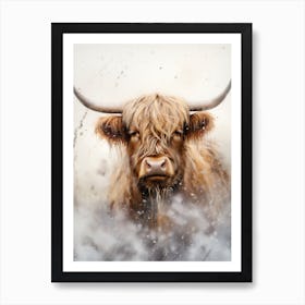 Watercolour Of Highland Cow In The Rain 1 Art Print